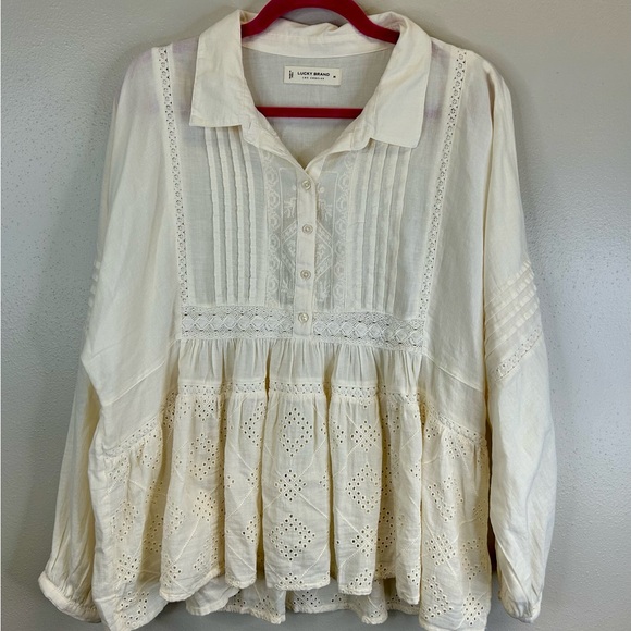Lucky Brand M Ivory Eyelet Blouse 100% Cotton Prairie Peasant Boho Country EUC - Picture 3 of 11